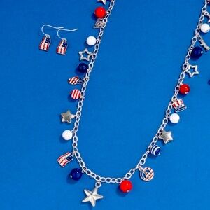 American Flag Necklace/Earrings for Women Girl | 4th of July Heart Set 2PCS